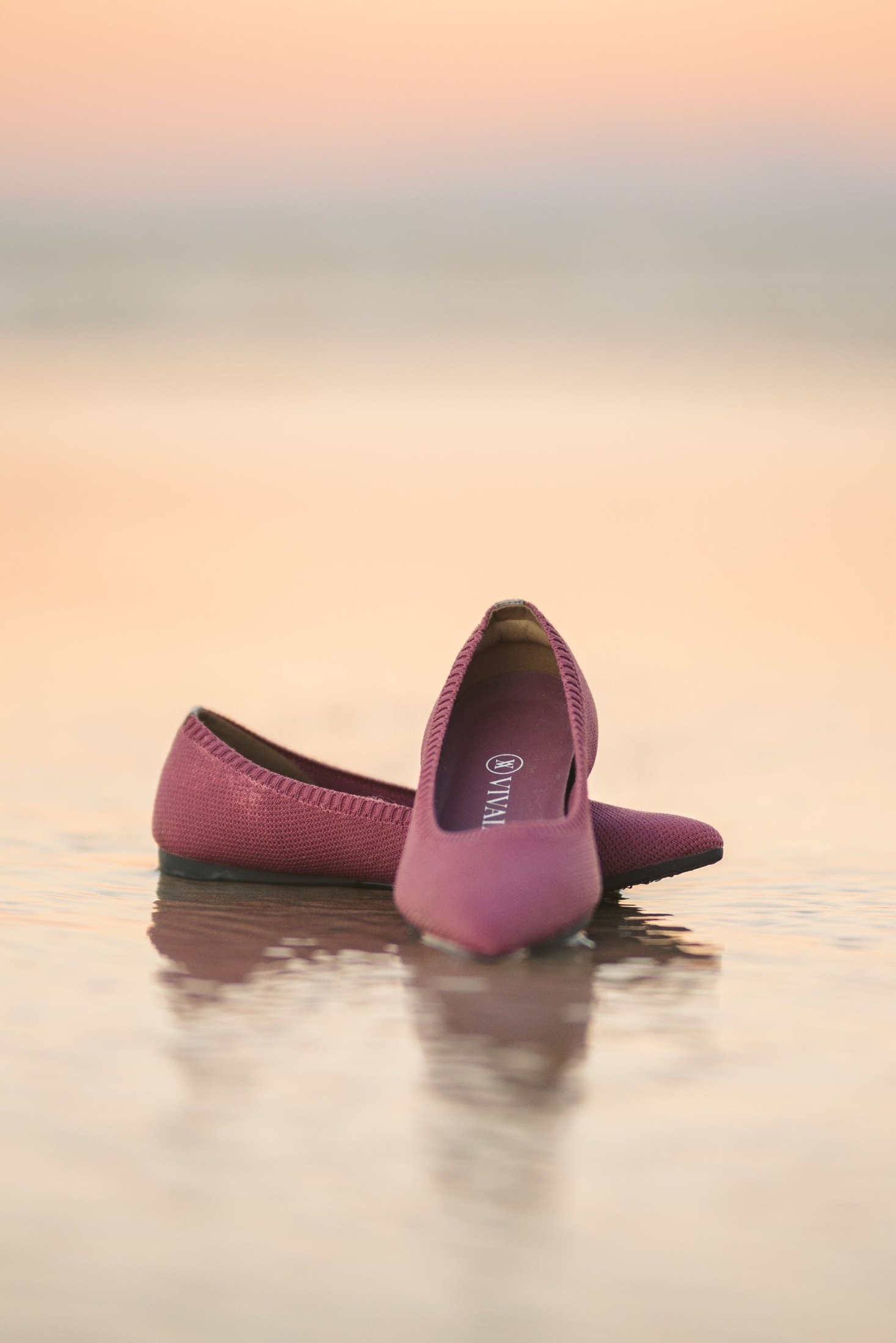 Pink low-cut ballet flats resting on wet sand, one showing its opening and heel; warm distant horizon, not a pink studio backdrop.